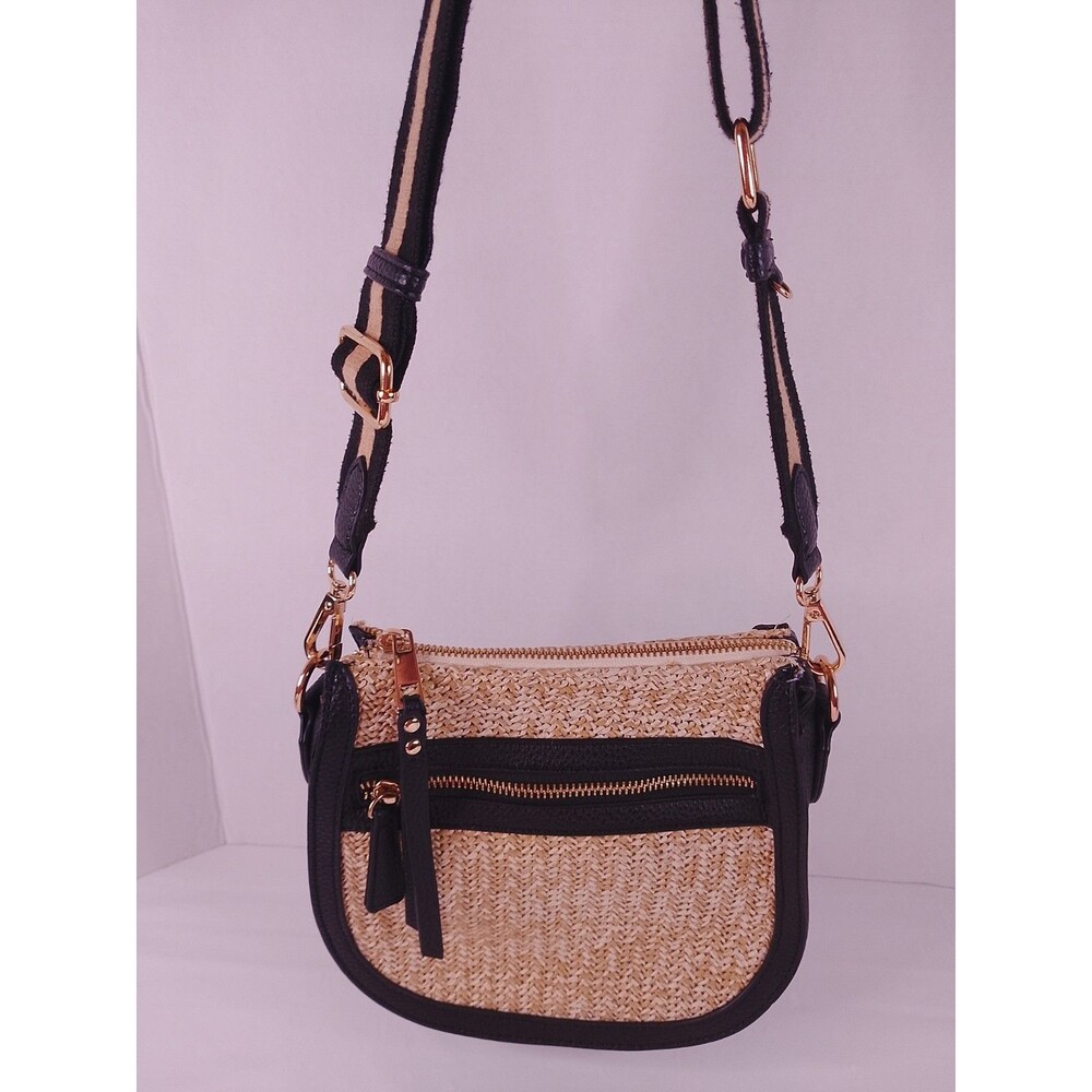 Crown Vintage Straw Crossbody Bag Woven Raffia Brown Trim Boho Purse Small - Picture 7 of 14